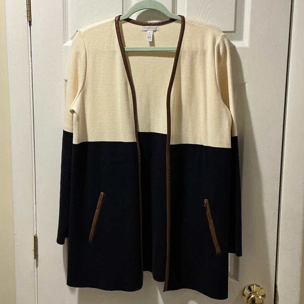 Charter Club Cream and Black Cardigan, w Pockets with Brown Trim Size Medium - Picture 3 of 10